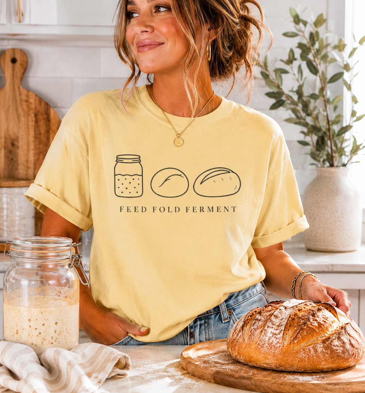 Feed Fold Ferment Comfort Colors T-Shirt | jar and dough illustration, baking fermentation theme