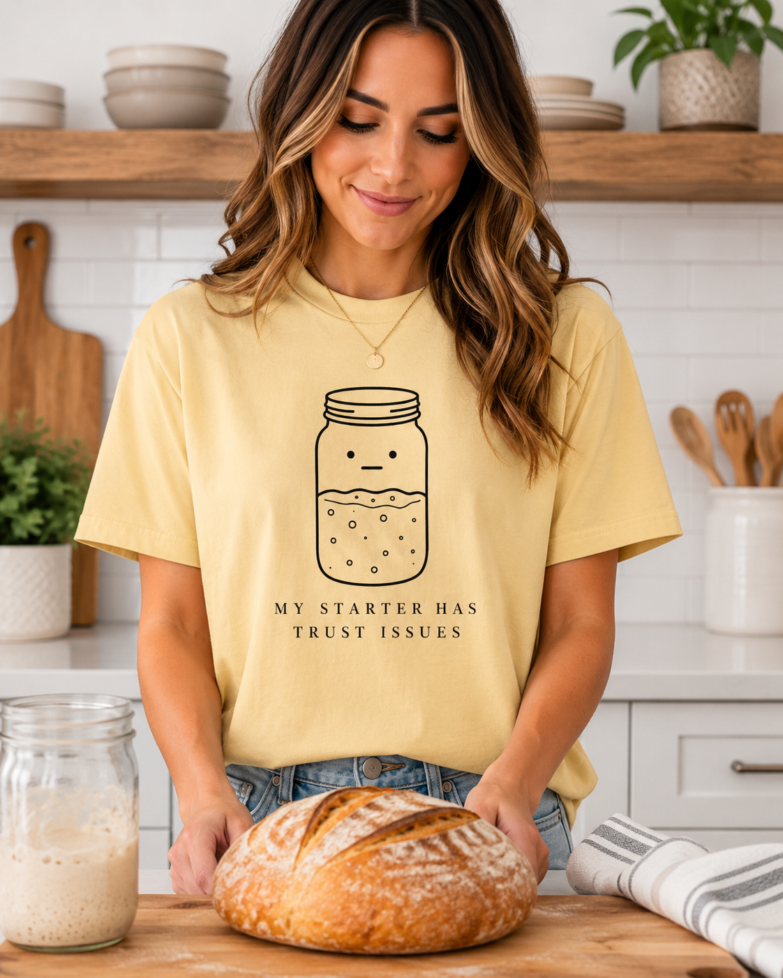 My Starter Has Trust Issues sourdough illustration T-shirt | starter jar humor