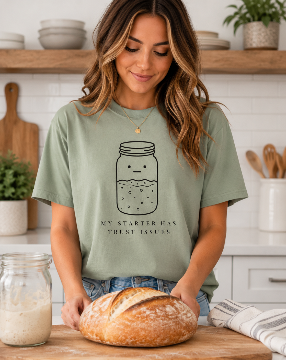 My Starter Has Trust Issues sourdough illustration T-shirt | starter jar humor