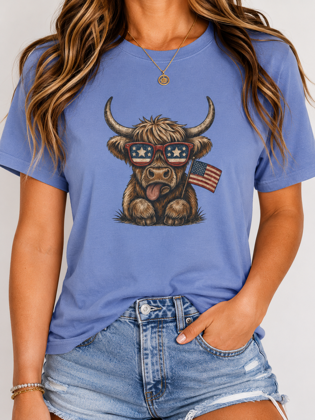 Patriotic Highland Cow T-Shirt | American Flag Sunglasses