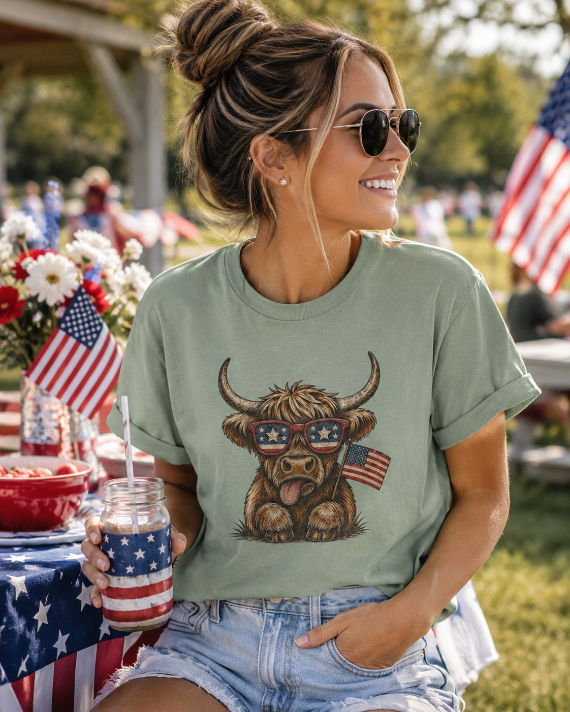 Patriotic Highland Cow T-Shirt | American Flag Sunglasses