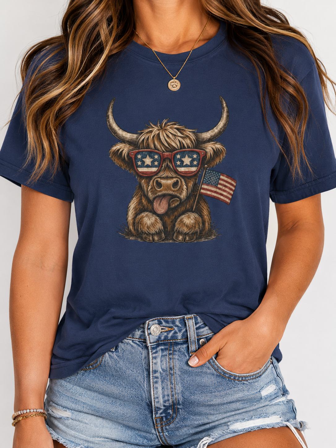 Patriotic Highland Cow T-Shirt | American Flag Sunglasses
