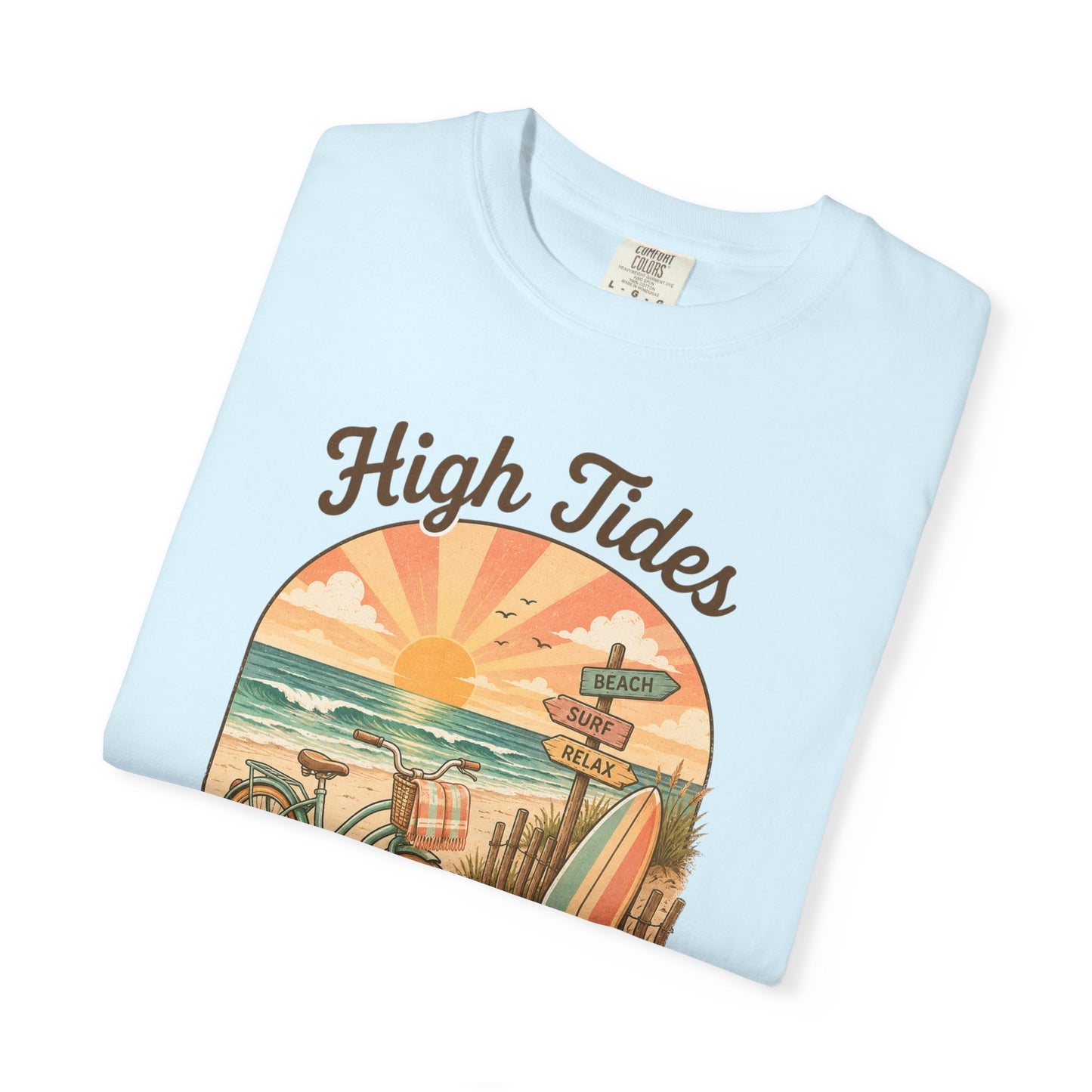 High Tides & Good Vibes T-shirt | Vintage Surf Bicycle Beach Sunset