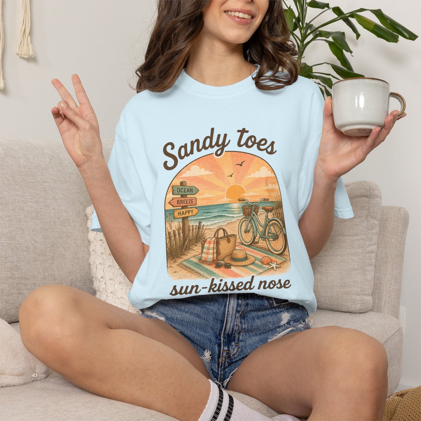 Sandy Toes Sun-Kissed Nose T-shirt | Beach Bike Sunset Scene