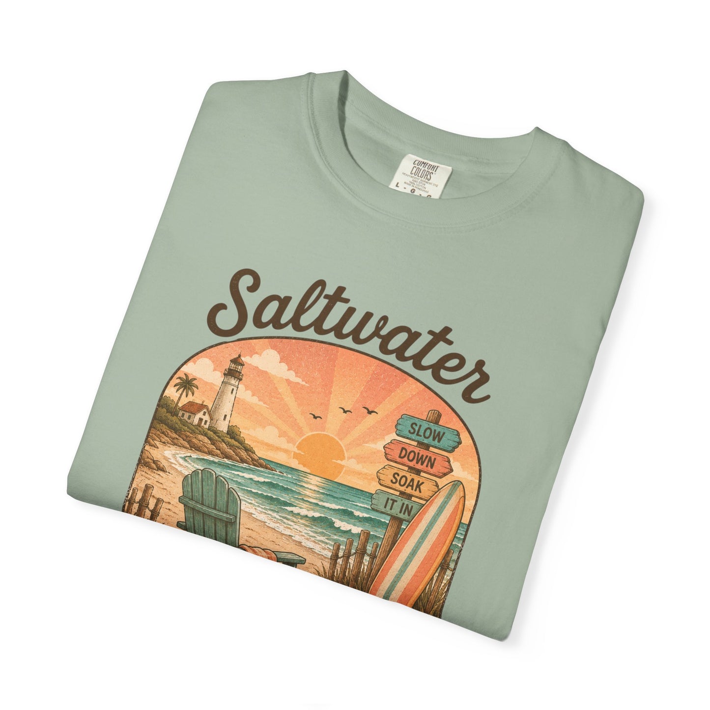 Saltwater Therapy Surf Scene T-shirt | Beach Sunset Lighthouse, Surfboard