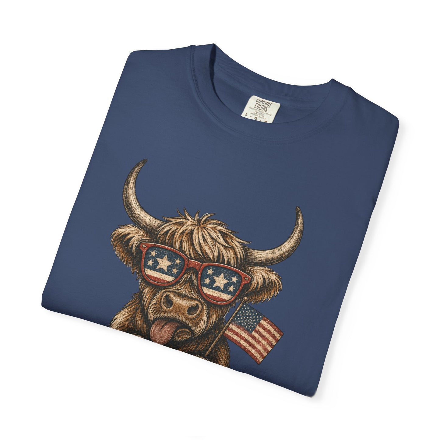 Patriotic Highland Cow T-Shirt | American Flag Sunglasses