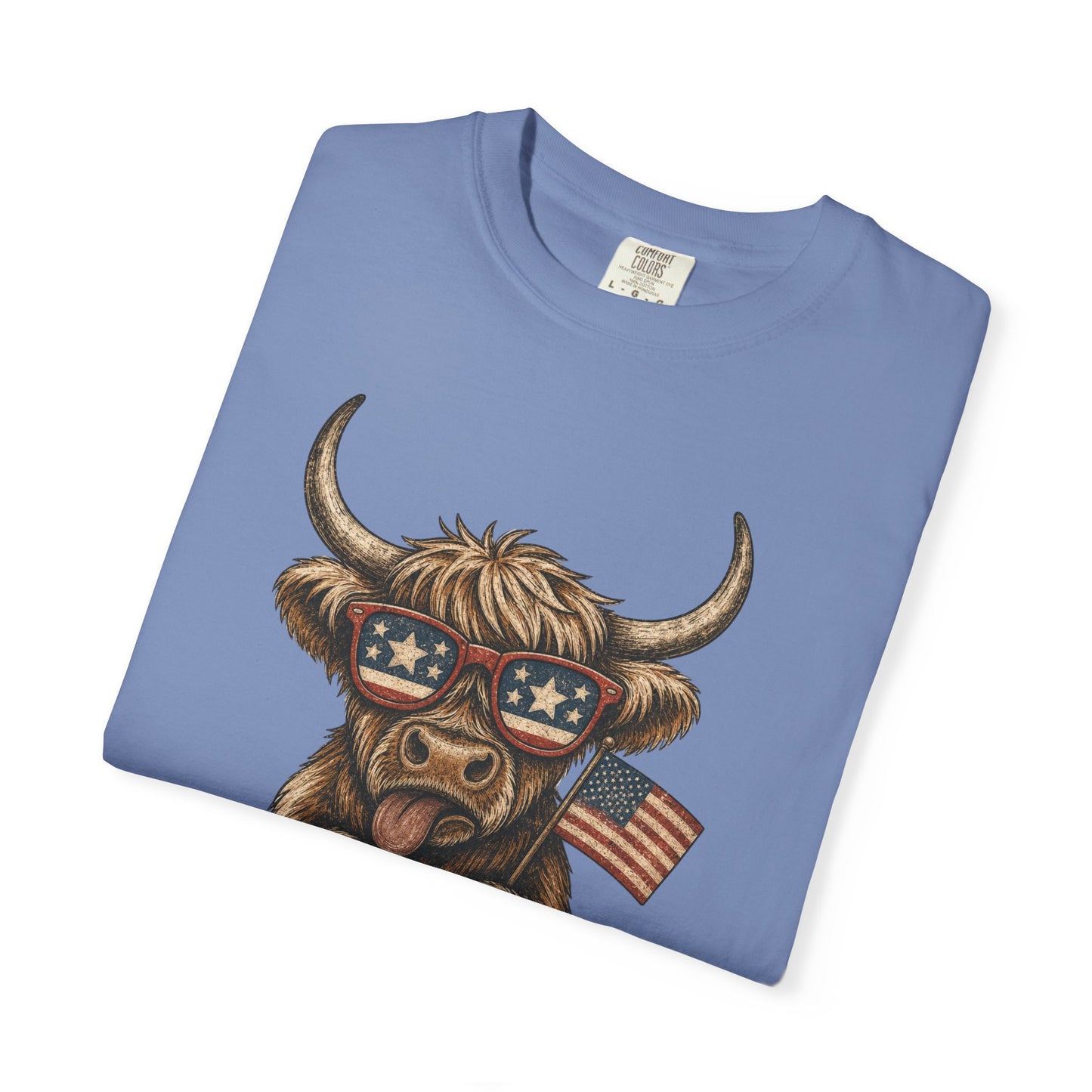 Patriotic Highland Cow T-Shirt | American Flag Sunglasses