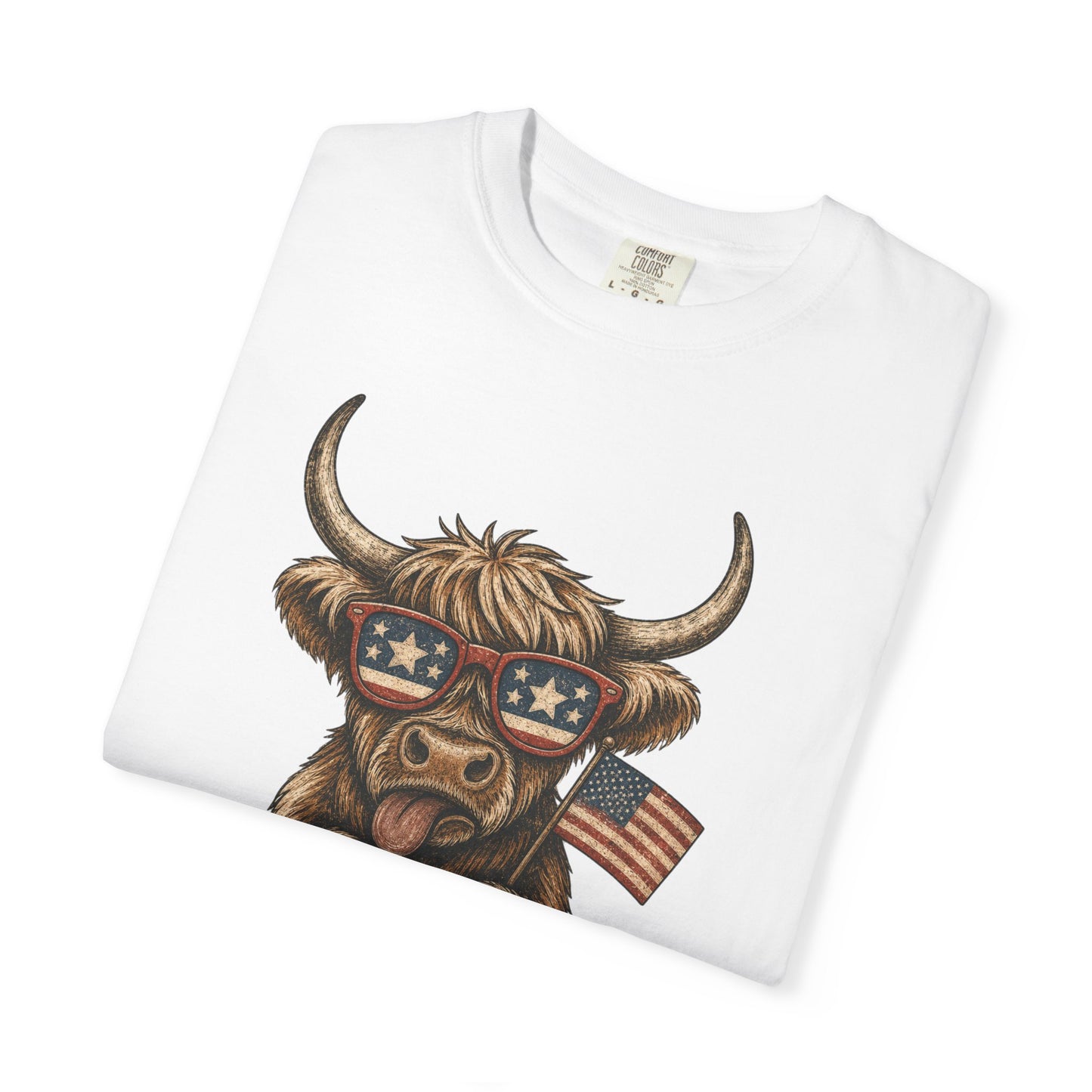 Patriotic Highland Cow T-Shirt | American Flag Sunglasses