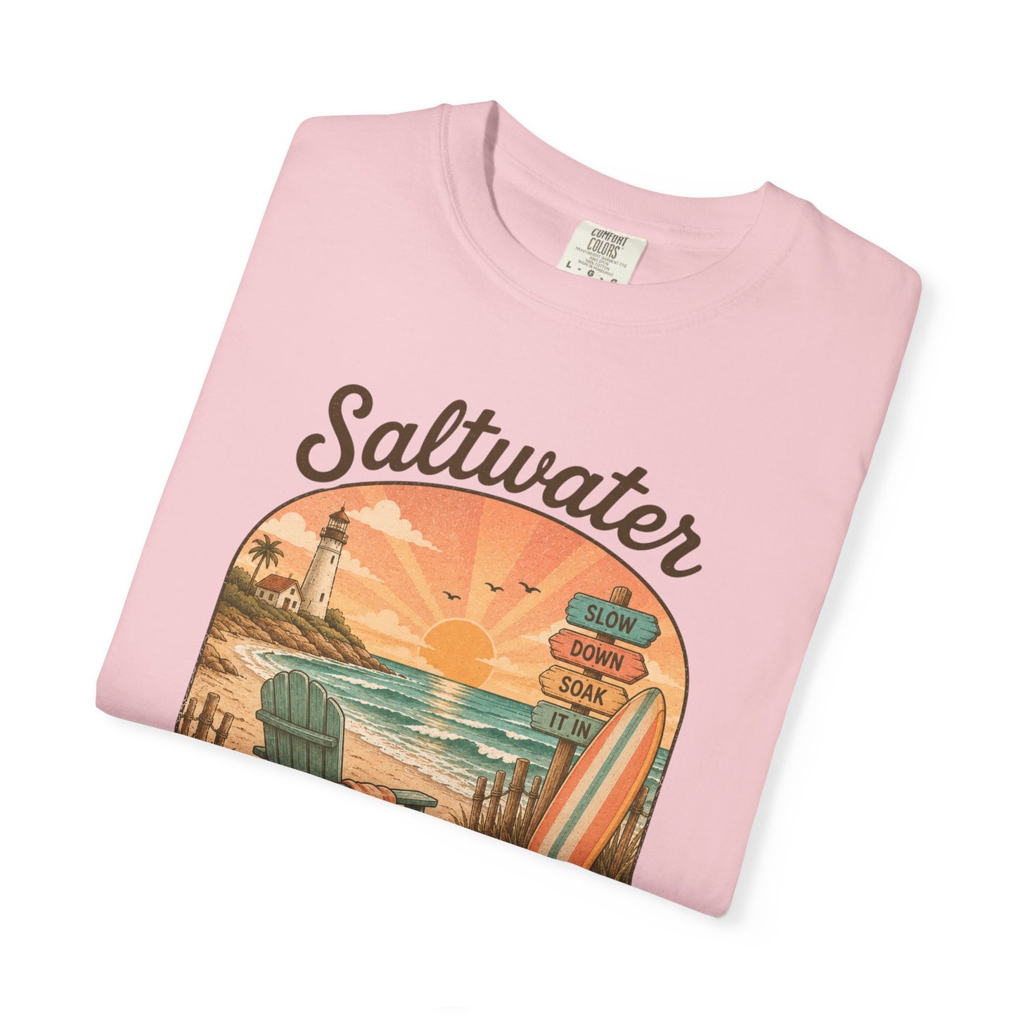 Saltwater Therapy Surf Scene T-shirt | Beach Sunset Lighthouse, Surfboard