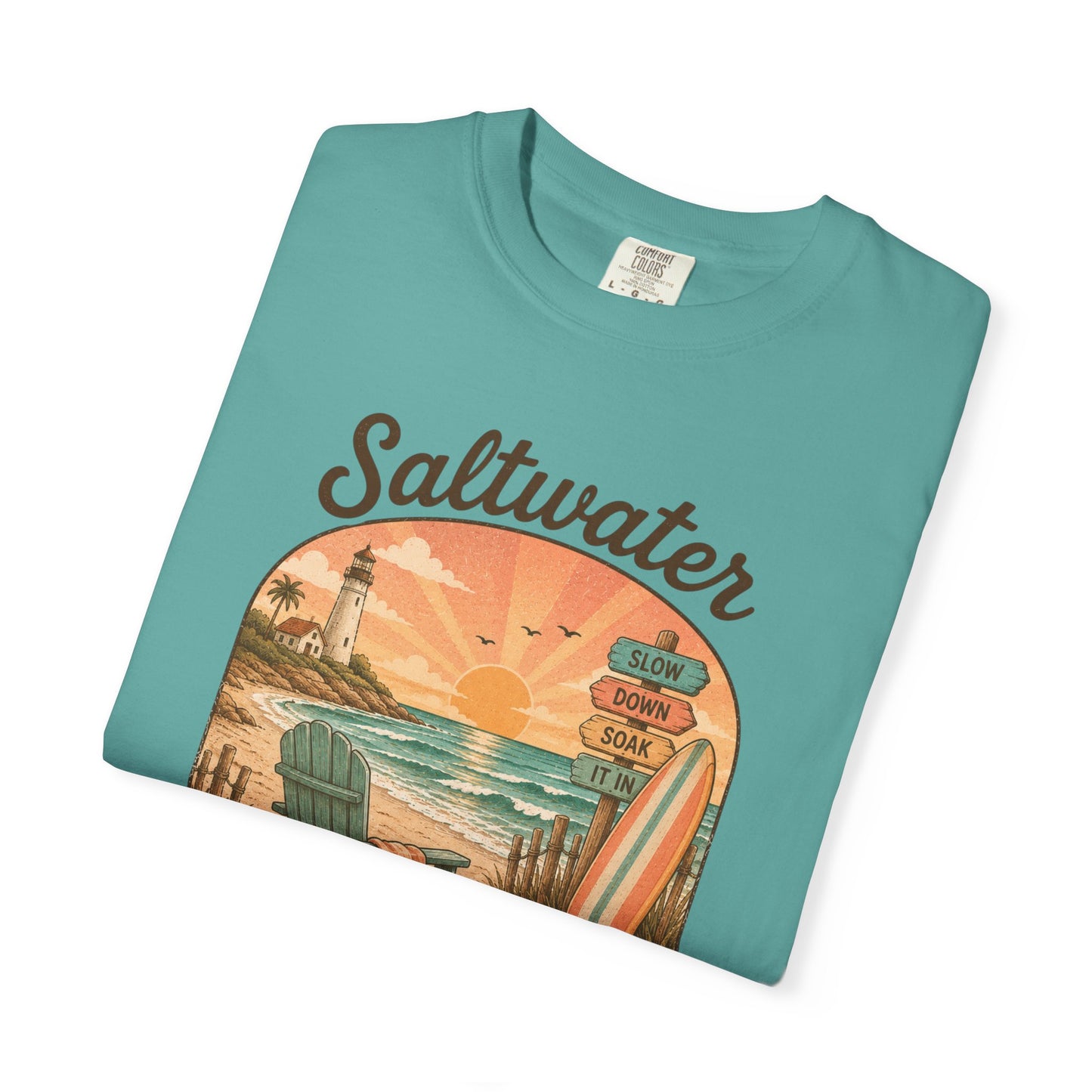 Saltwater Therapy Surf Scene T-shirt | Beach Sunset Lighthouse, Surfboard
