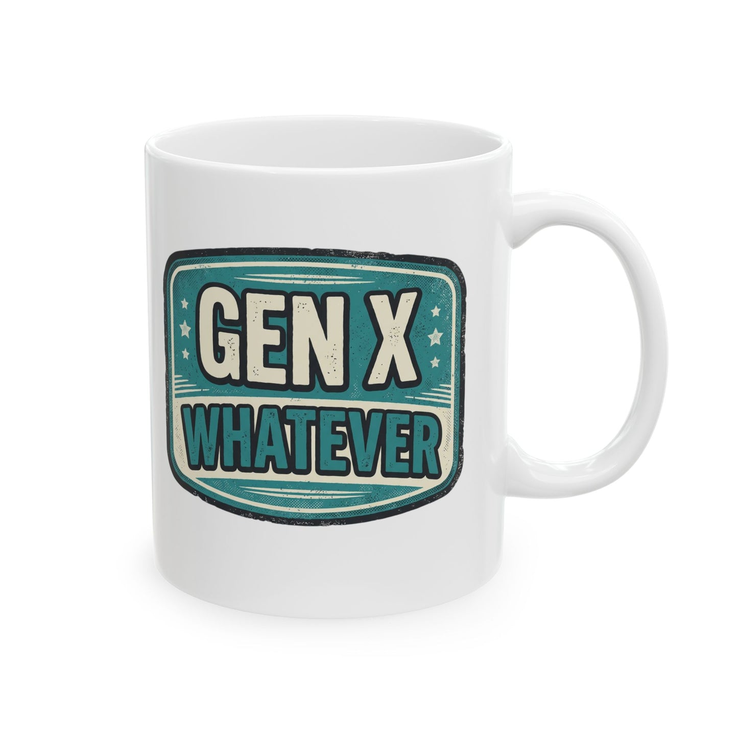 Gen X Whatever mug | Retro teal badge design, ceramic mug