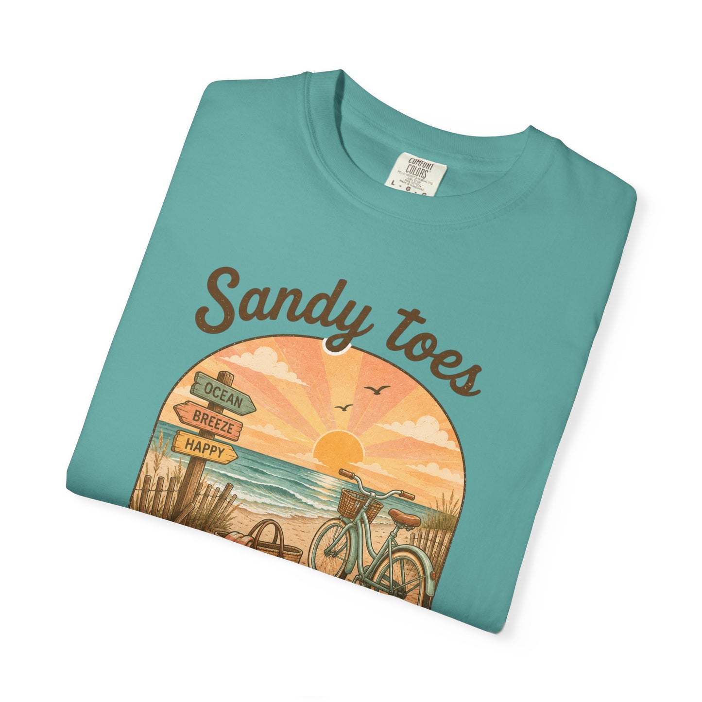 Sandy Toes Sun-Kissed Nose T-shirt | Beach Bike Sunset Scene
