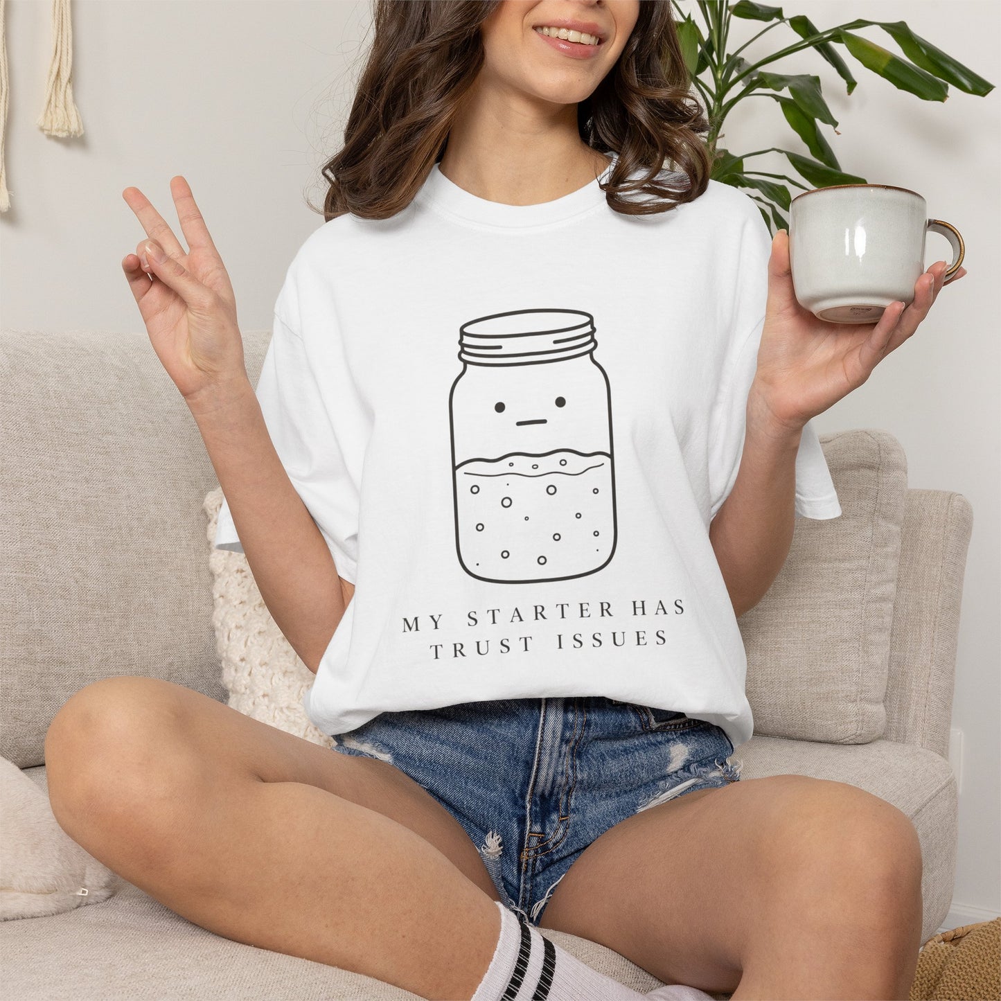 My Starter Has Trust Issues sourdough illustration T-shirt | starter jar humor