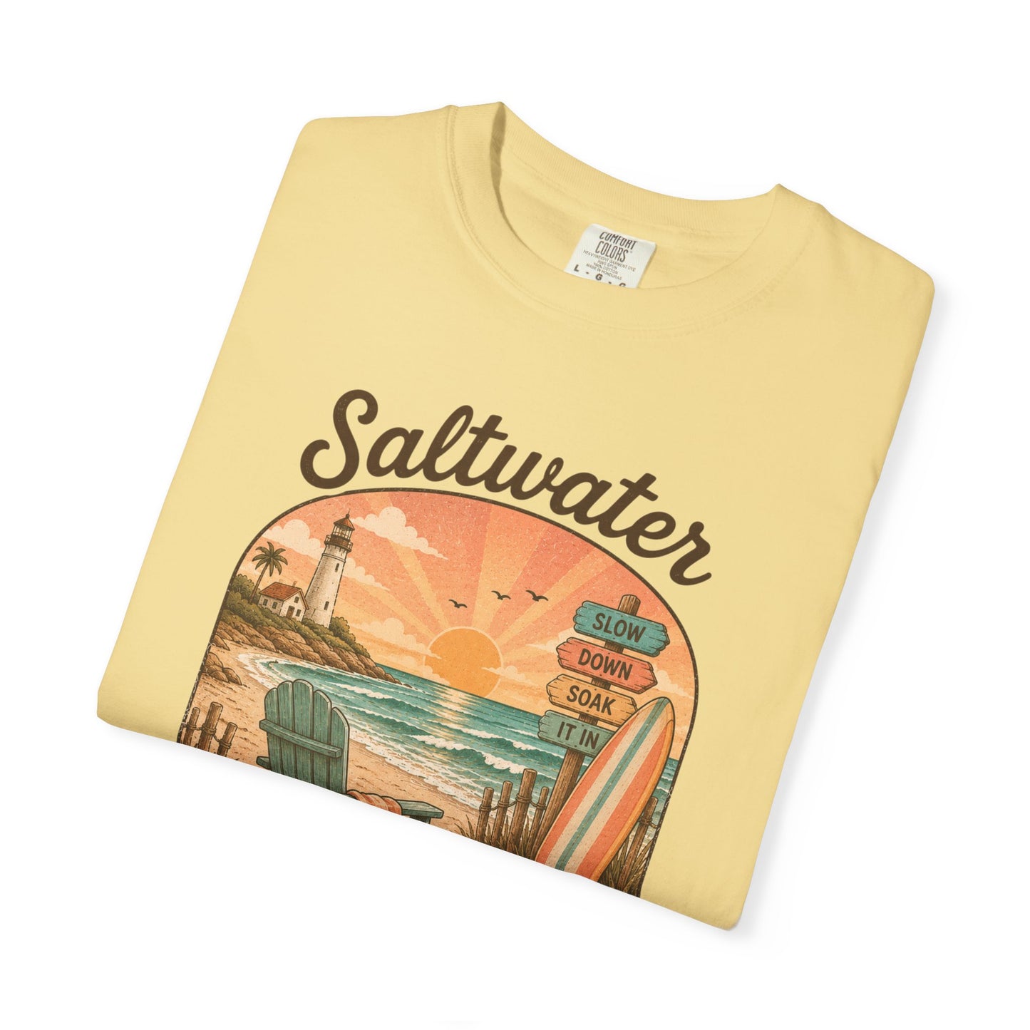 Saltwater Therapy Surf Scene T-shirt | Beach Sunset Lighthouse, Surfboard