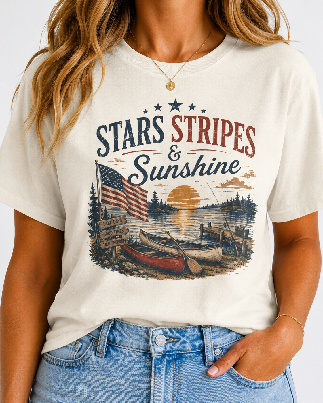 Stars, Stripes & Sunshine T-Shirt Vintage American Lake Cabin Tee