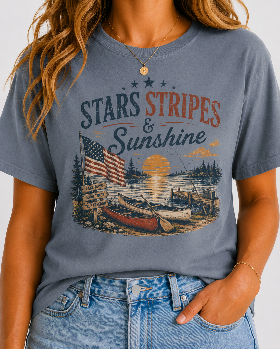 Stars, Stripes & Sunshine T-Shirt Vintage American Lake Cabin Tee